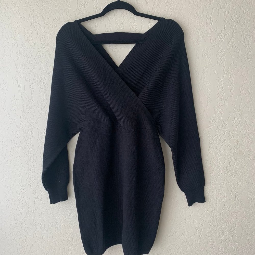 WOMANS RIBBED V NECK BLACK DRESS MIDI, KNIT, SWEATER DRESS LARGE STRETCH BODYCON